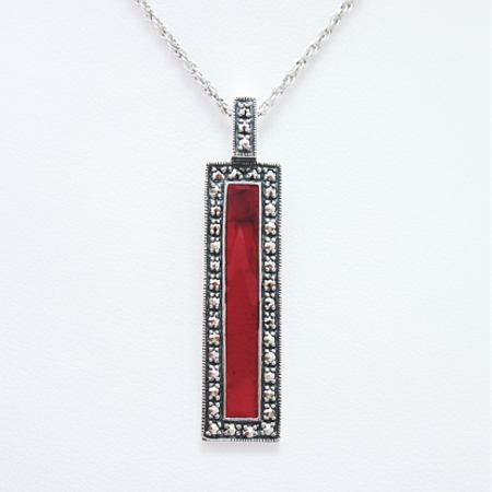 Red Enamel Rectangle Pendant with Marcasite - Click Image to Close